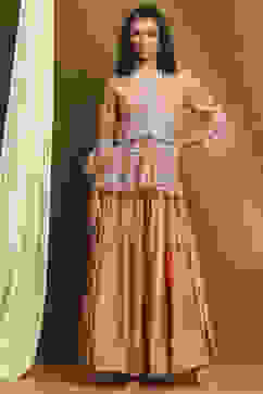 Peach Net Embroidered Peplum Kurta Lehenga Set image number 6