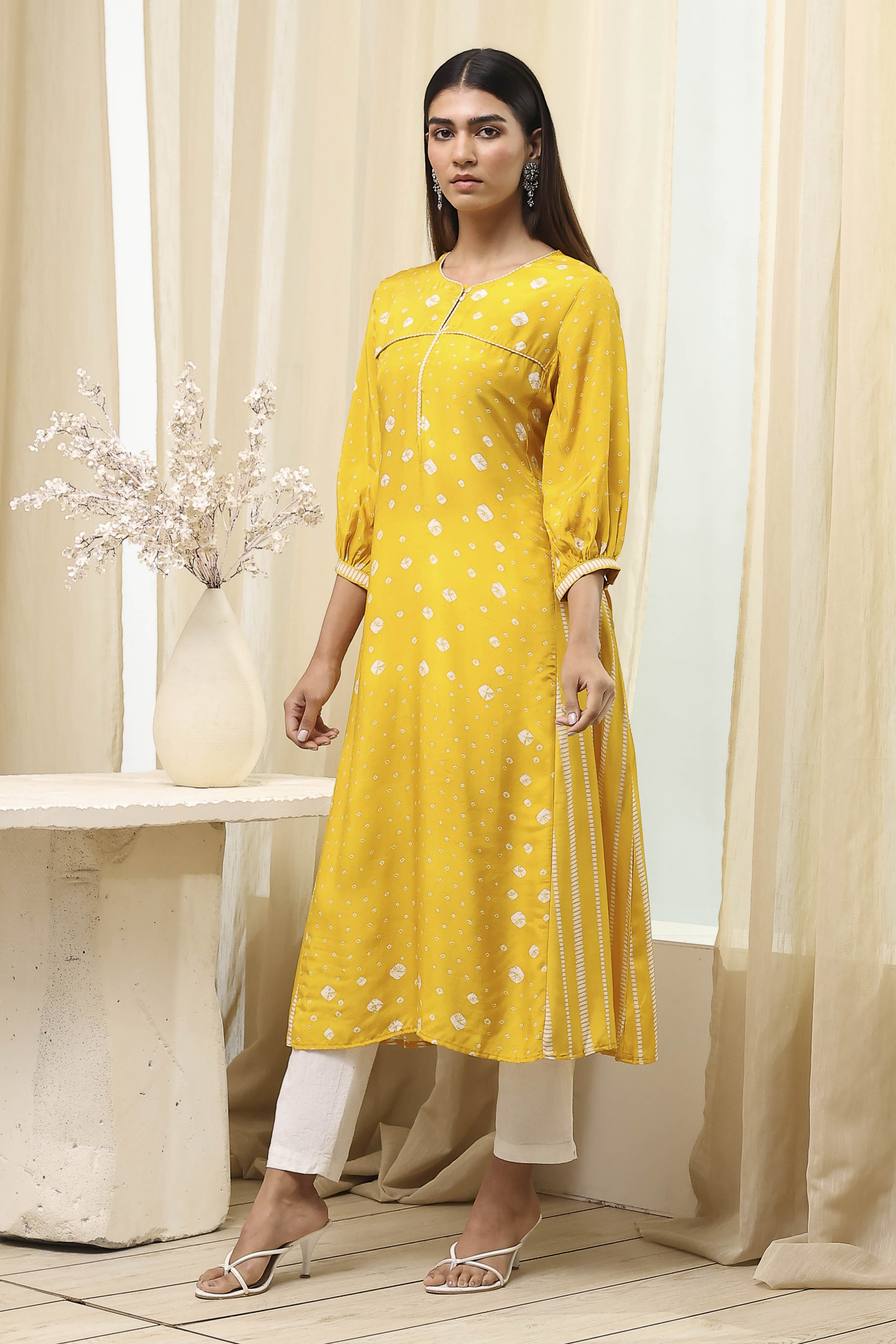 Mustard Yellow Modal Printed A-Line Kurta image number 2