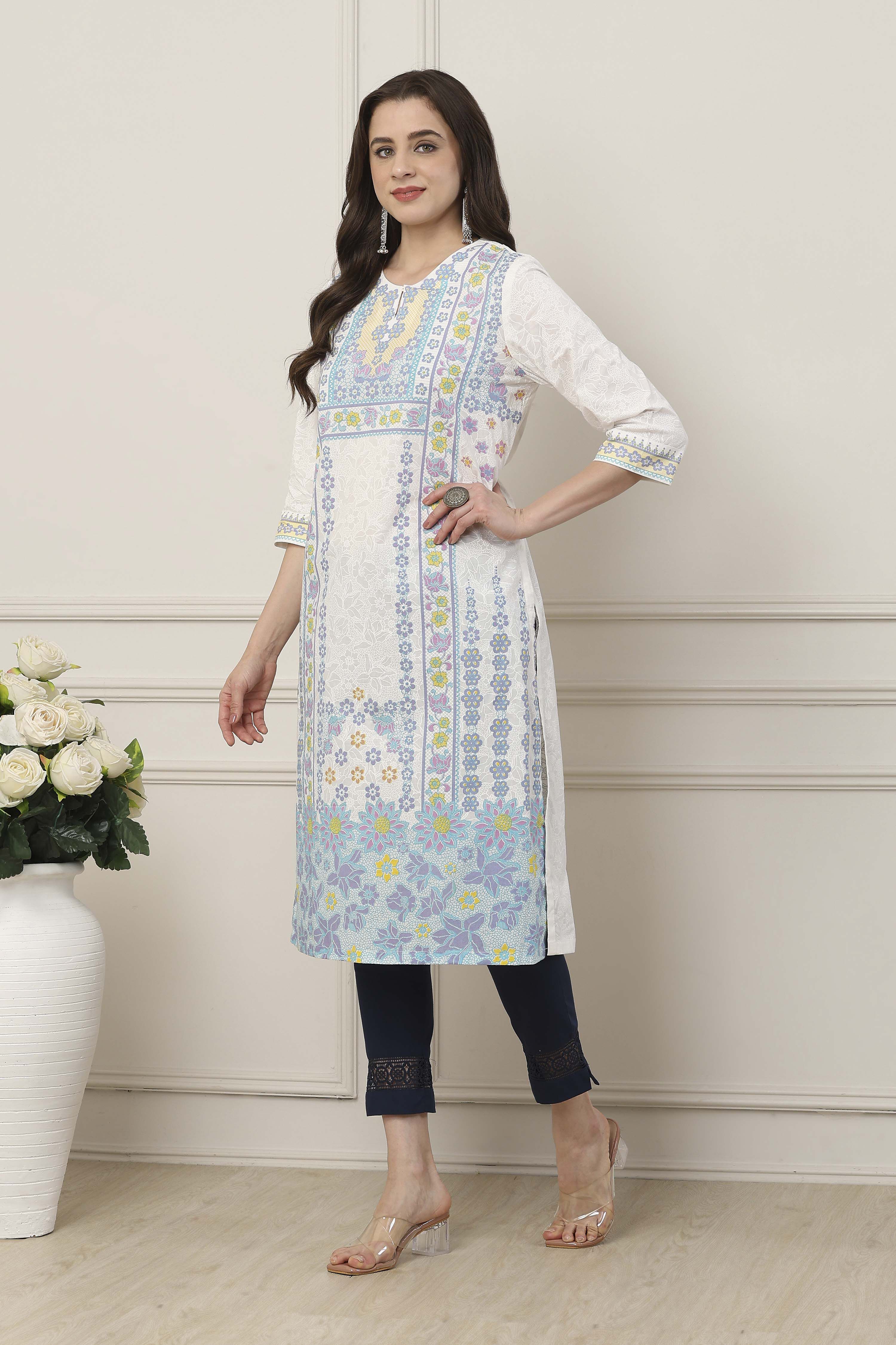 White Cotton Straight Kurta image number 2