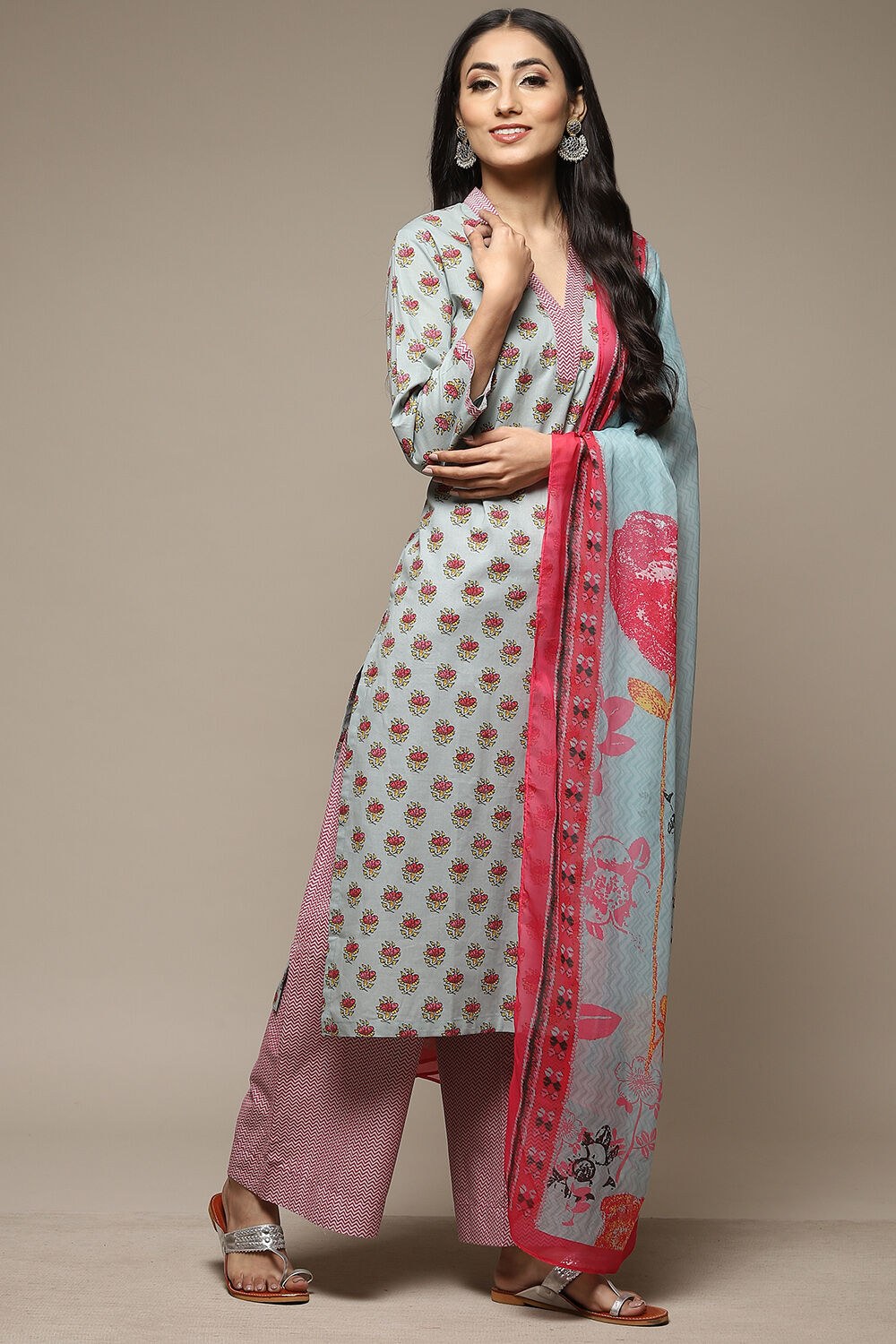 Sky Blue Cotton Straight Kurta Palazzo Suit Set image number 5