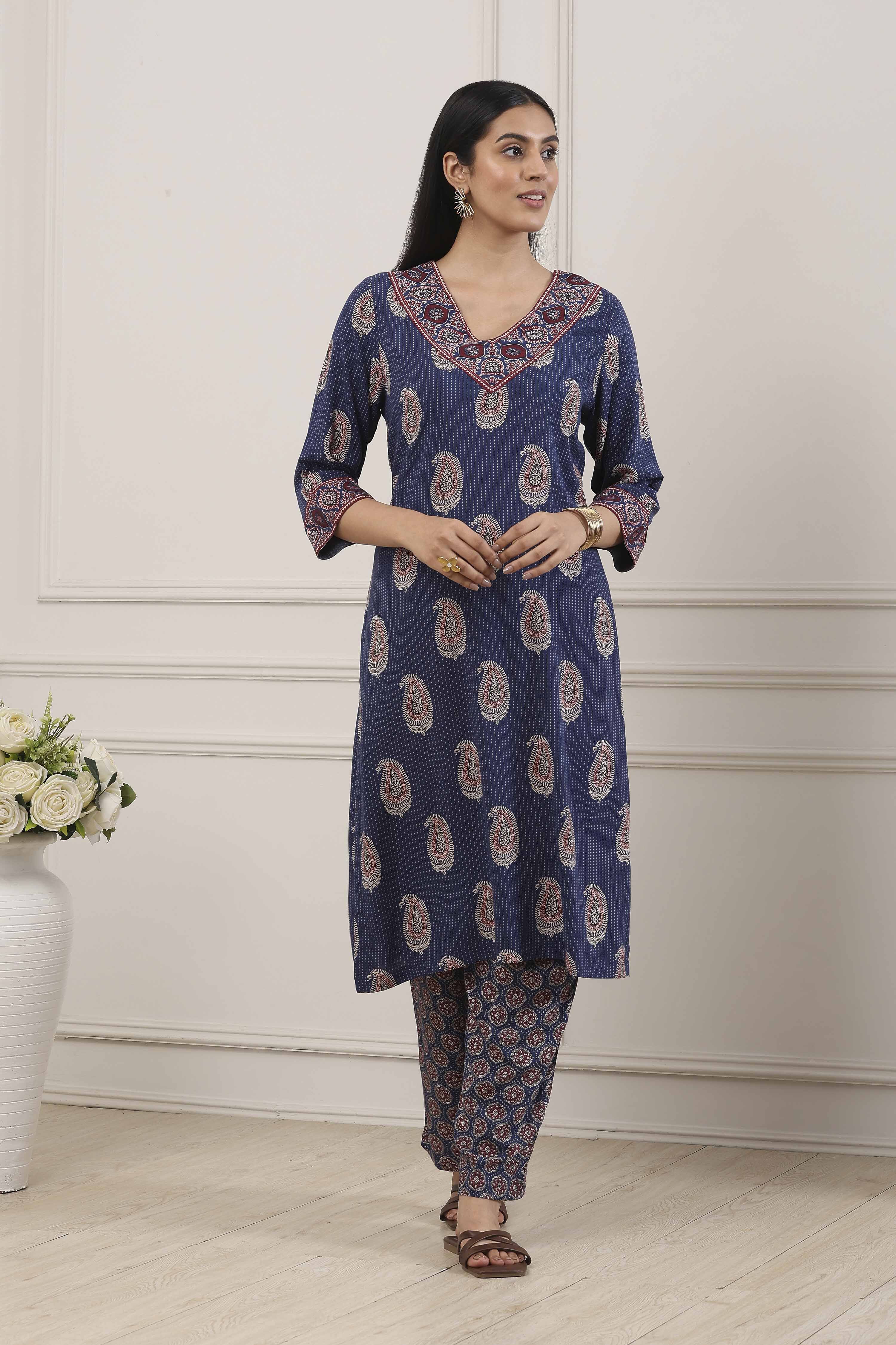 Blue Viscose Rayon Straight Kurta Palazzo Set image number 6