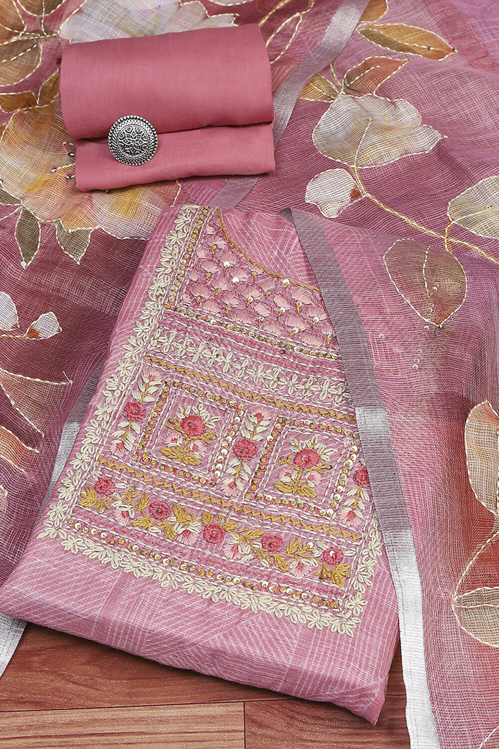 Pink Cotton Hand Embroidered Unstitched Suit Set image number 0