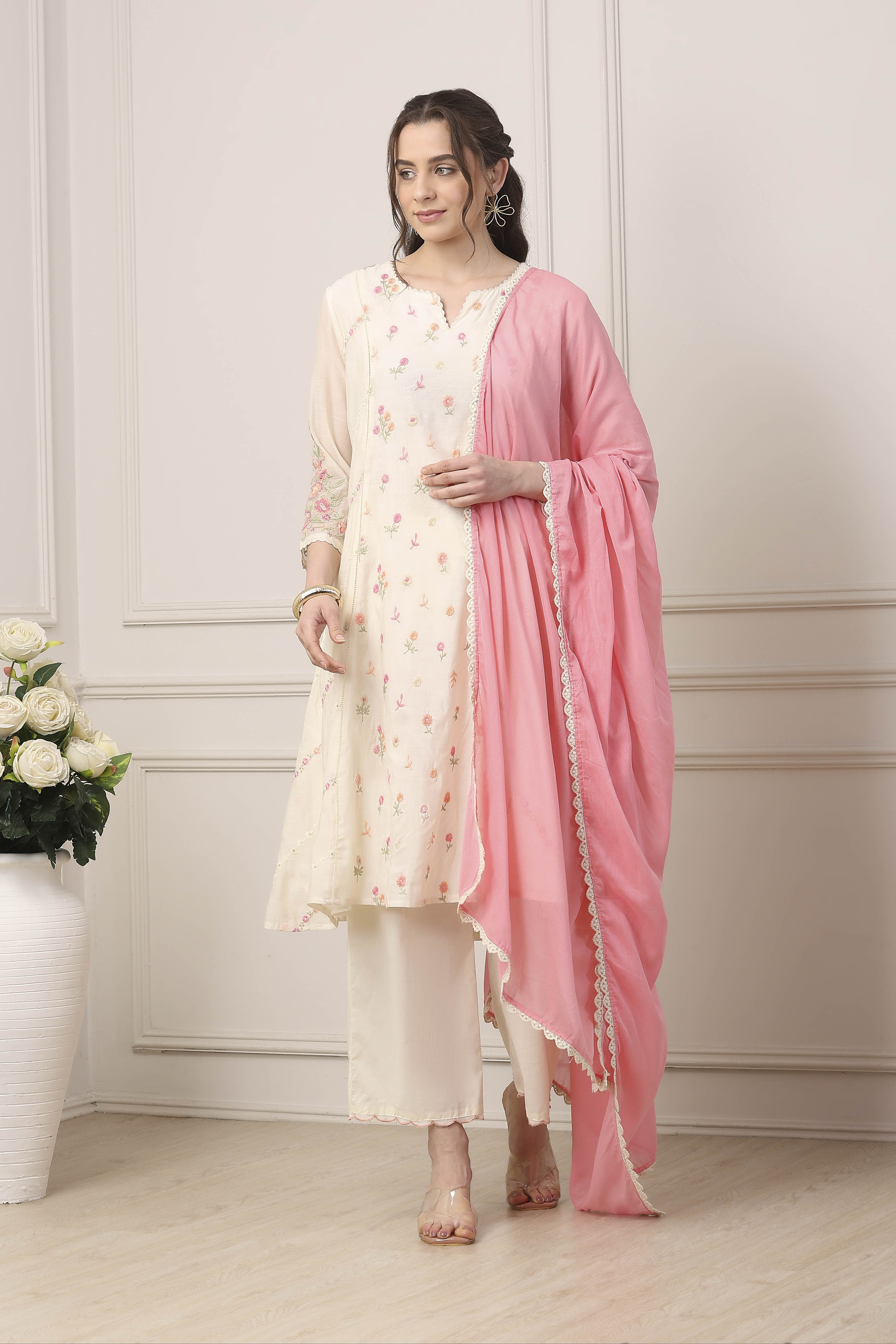 White Poly Chanderi Kalidar Suit Set image number 6