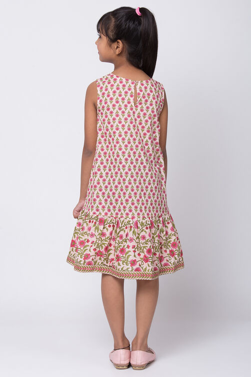 Peach Cotton A-Line Printed Dress image number 4