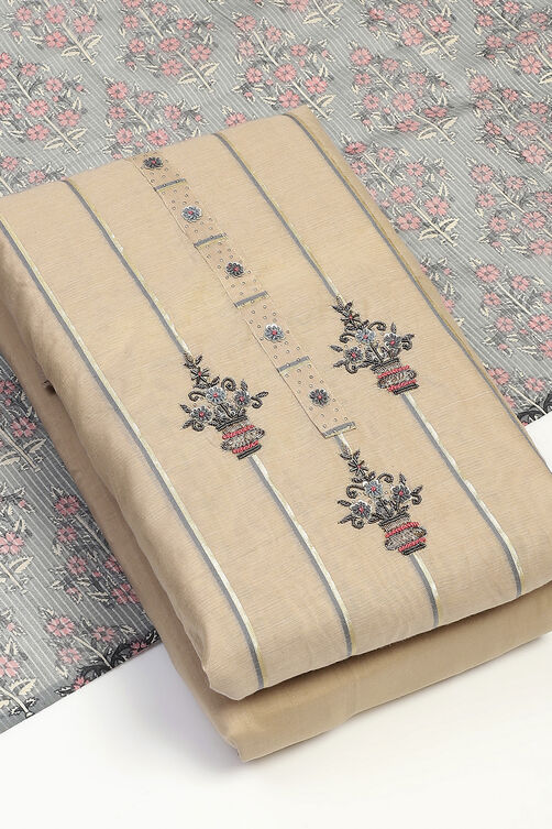 Beige Chanderi Unstitched Suit Set image number 5