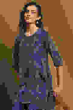 Blue Crepe Printed Asymmetric Kurta Set image number 7