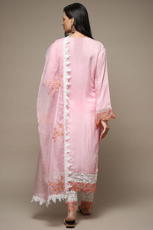 Light Pink Muslin Lace Unstitched Suit Set image number 5