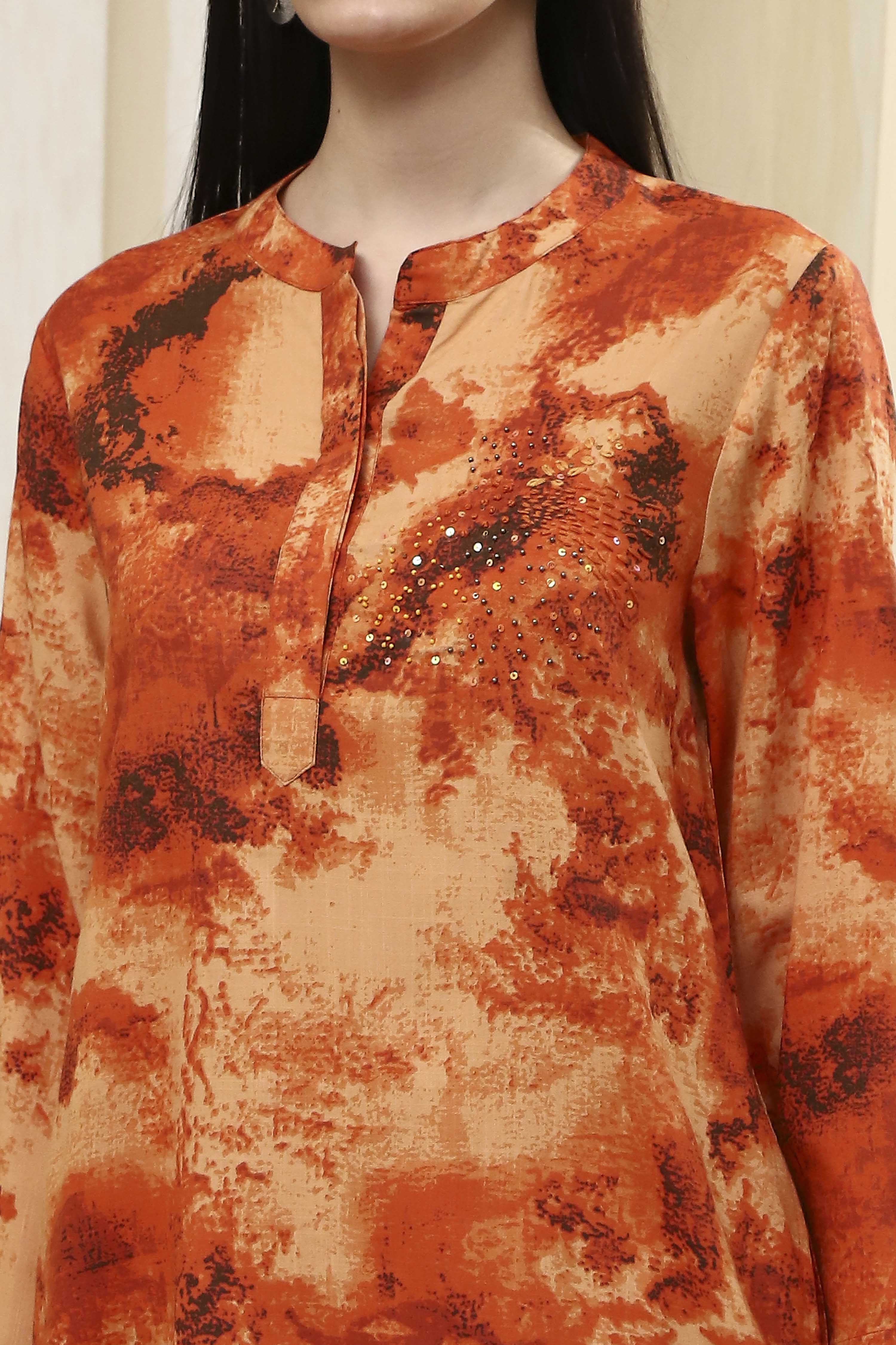 Orange Printed Straight Co-ord Set image number 1