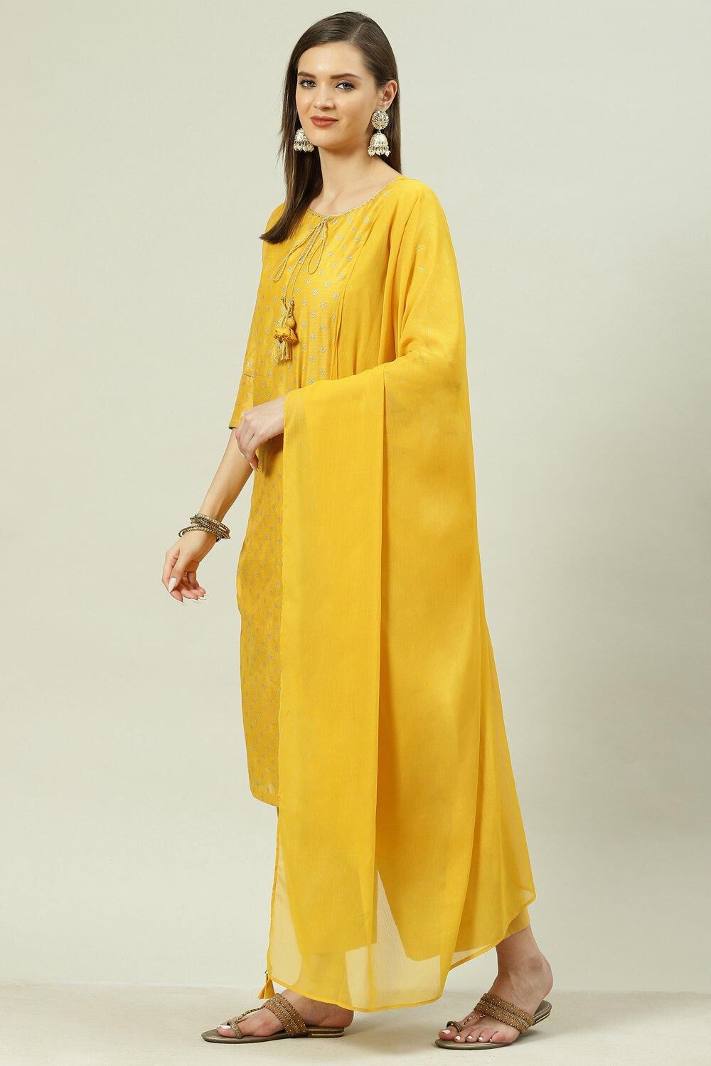 Yellow Printed Straight Kurta Palazzo Suit Set image number 5