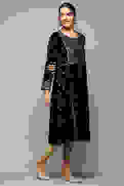 Black Poly Velvet Straight Printed Kurta image number 4