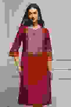 Red Cotton Straight Kurta image number 6