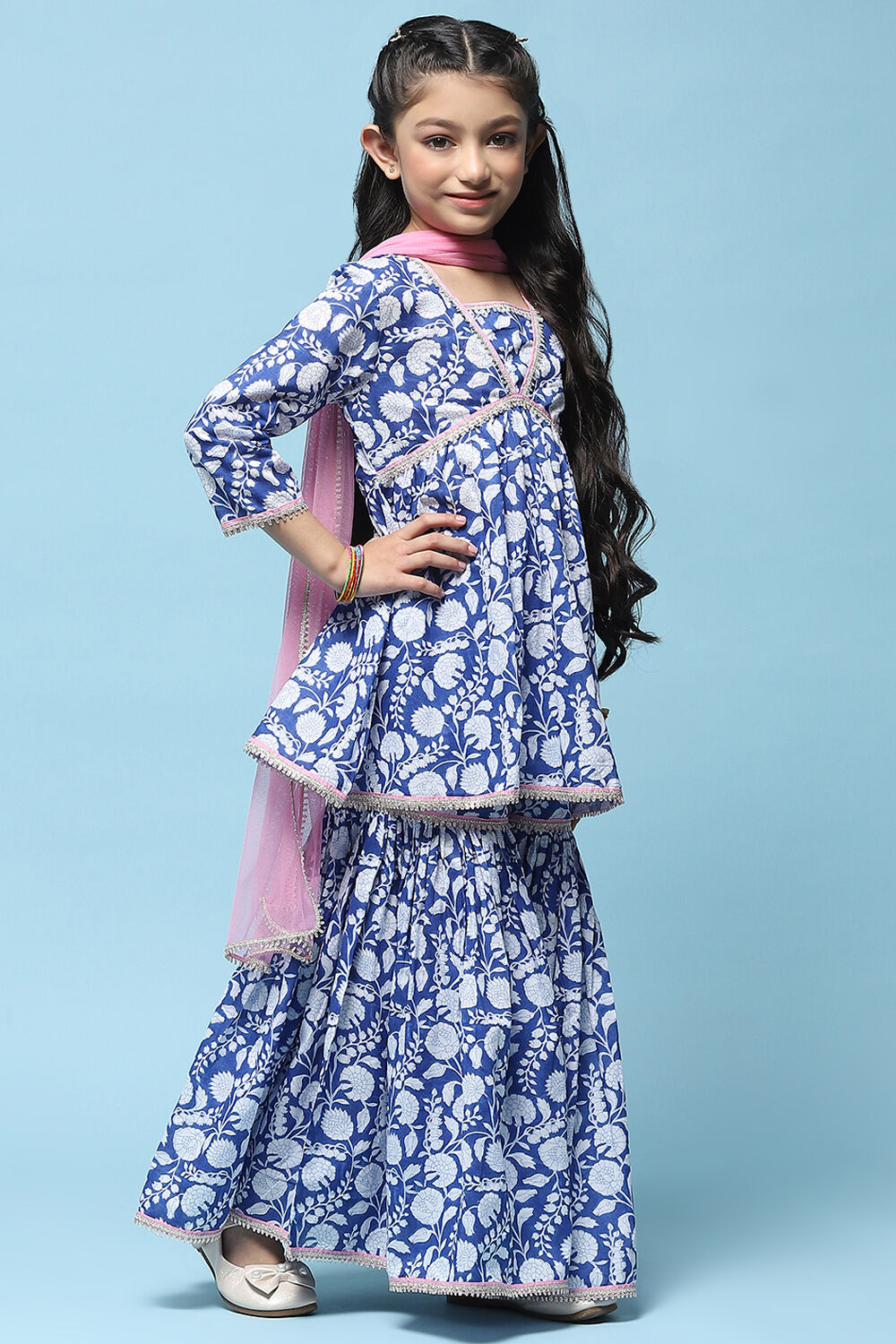 Blue Printed Cotton Peplum Kurta & Garara With Net Dupatta image number 6