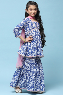 Blue Printed Cotton Peplum Kurta & Garara With Net Dupatta image number 6