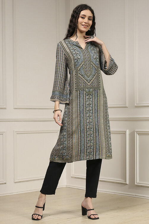 Blue Viscose Rayon Straight Printed Kurta image number 4