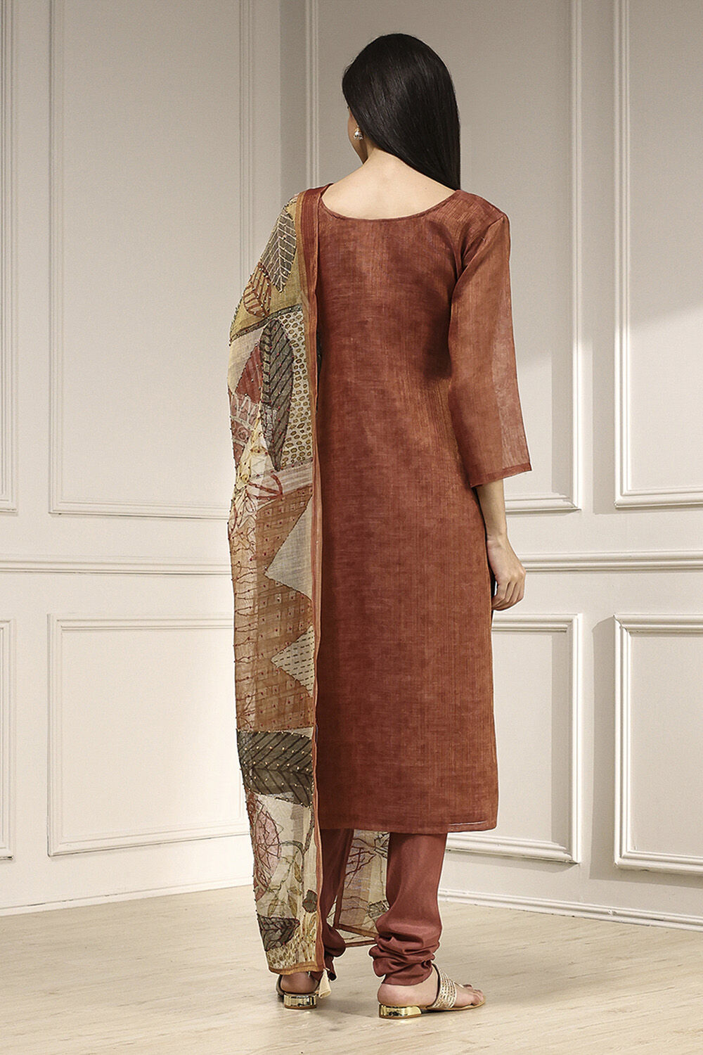 Rust Linen Blend Hand Embroidered Unstitched Suit Set image number 5
