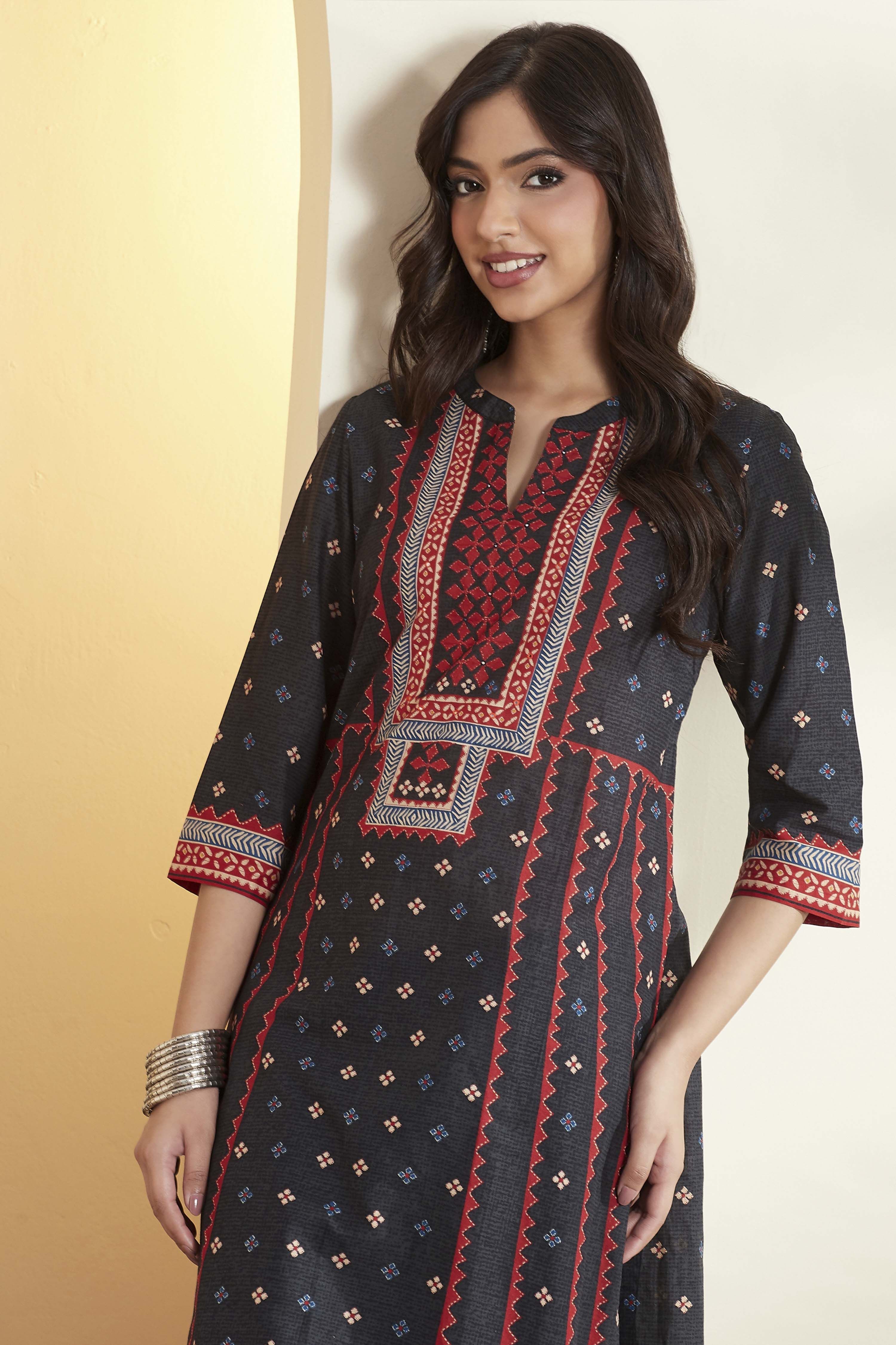 Black Cotton Printed Straight Kurta image number 1