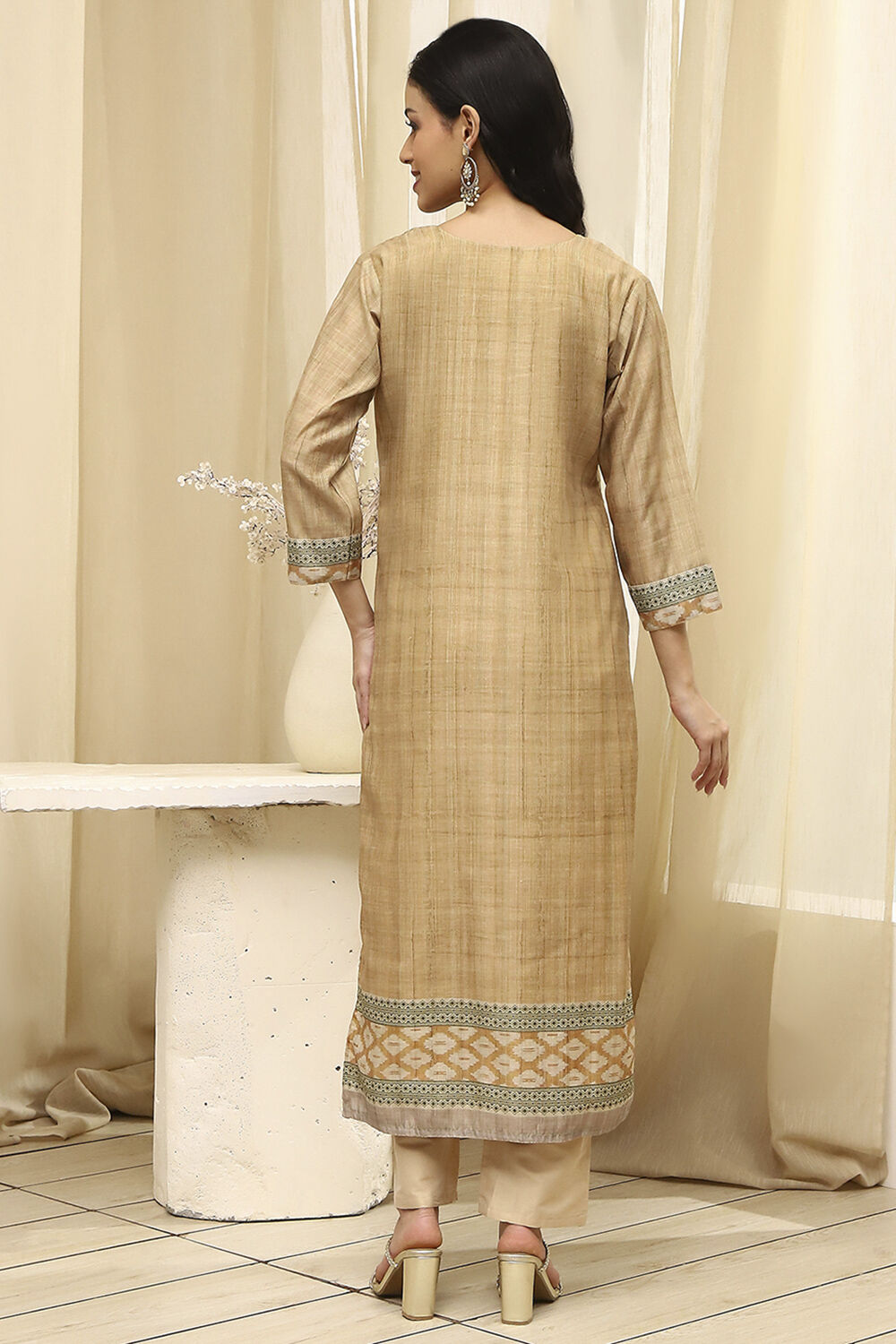 Beige Cotton Machine-Embroidered Unstitched Suit Set image number 6