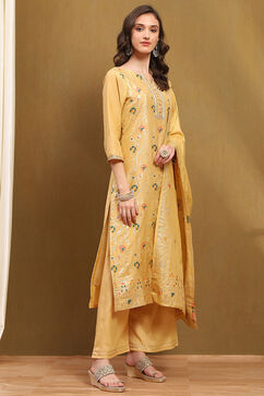 Yellow Silk Blend Woven Floral Unstitched Suit Set image number 3