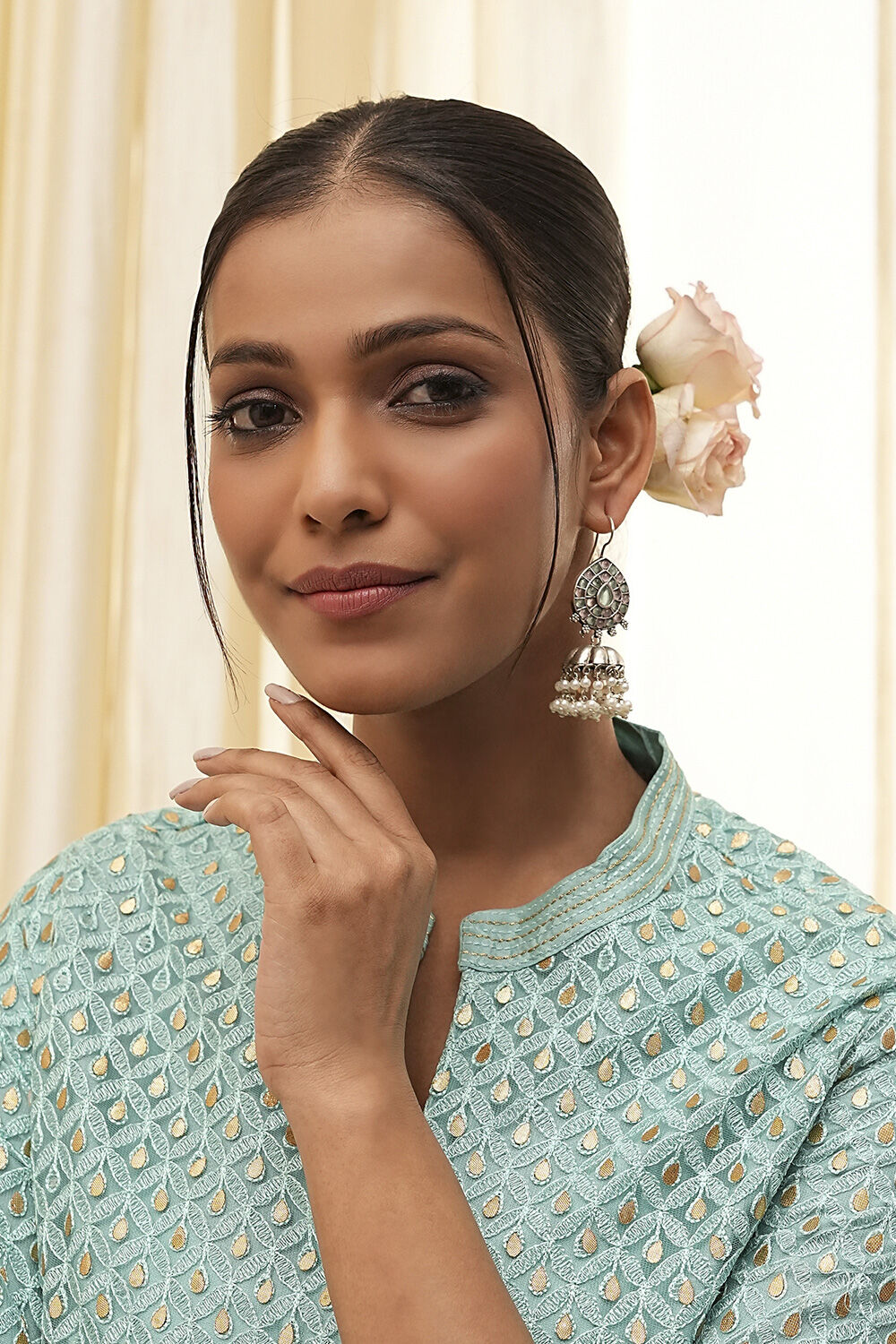 Mint Green Brass Jhumka image number 3