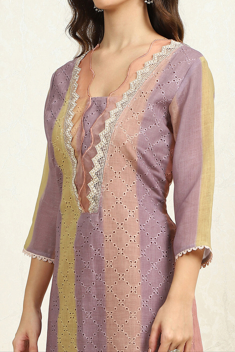 Green Cotton Blend Schiffli Unstitched Suit Set image number 6