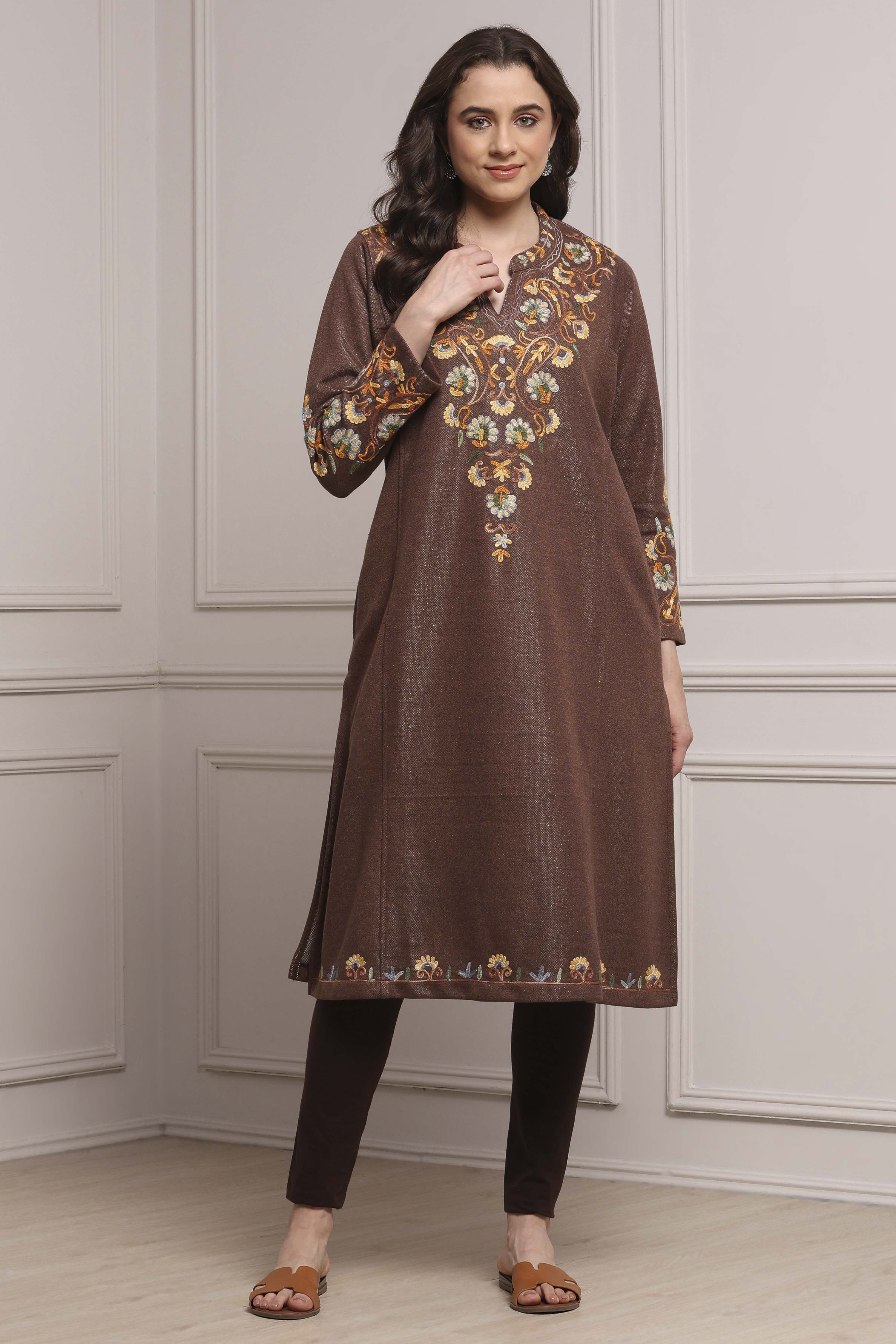Brown Polyester Straight Yarndyed Kurta image number 5