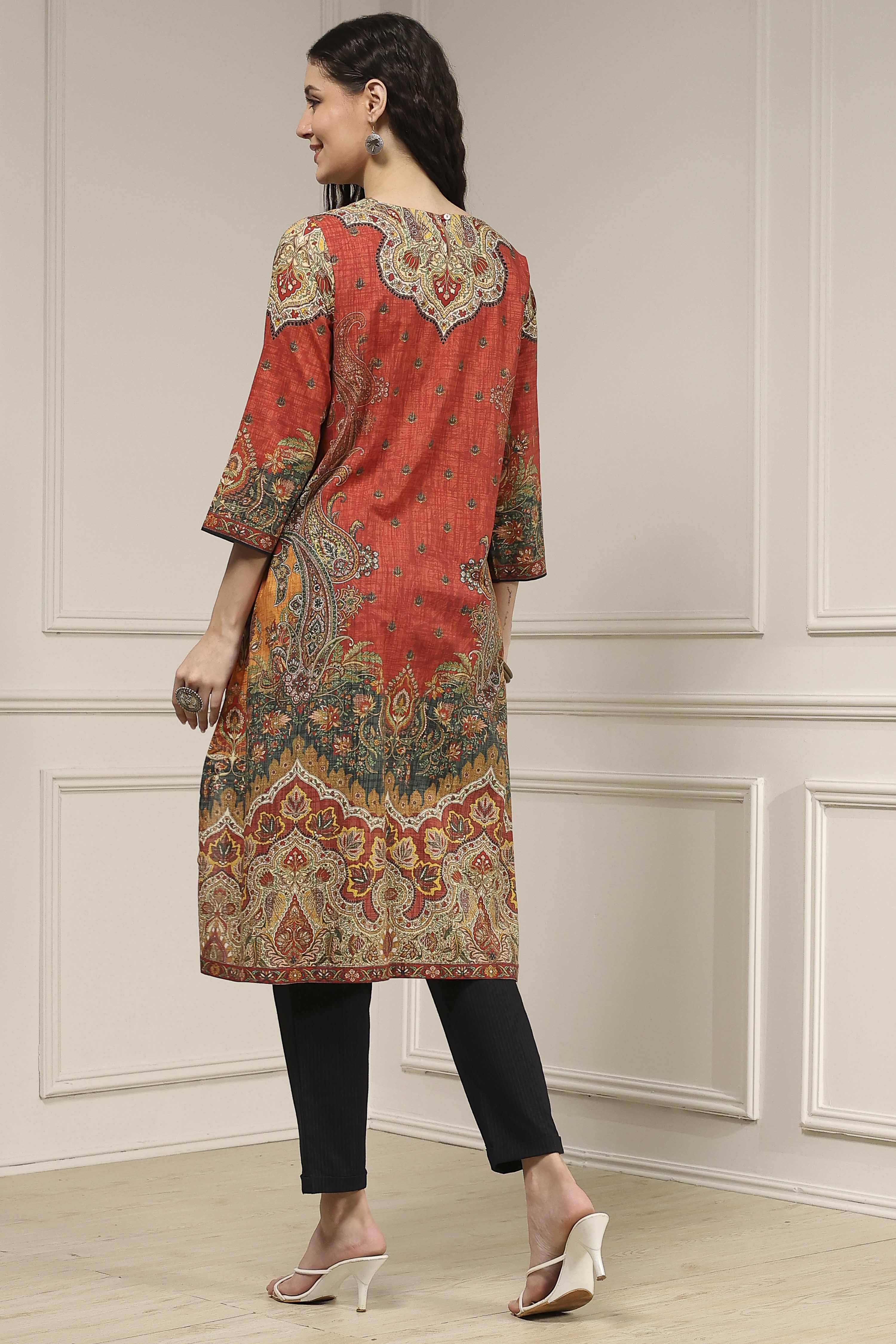 Rust Cotton Printed Straight Kurta image number 3