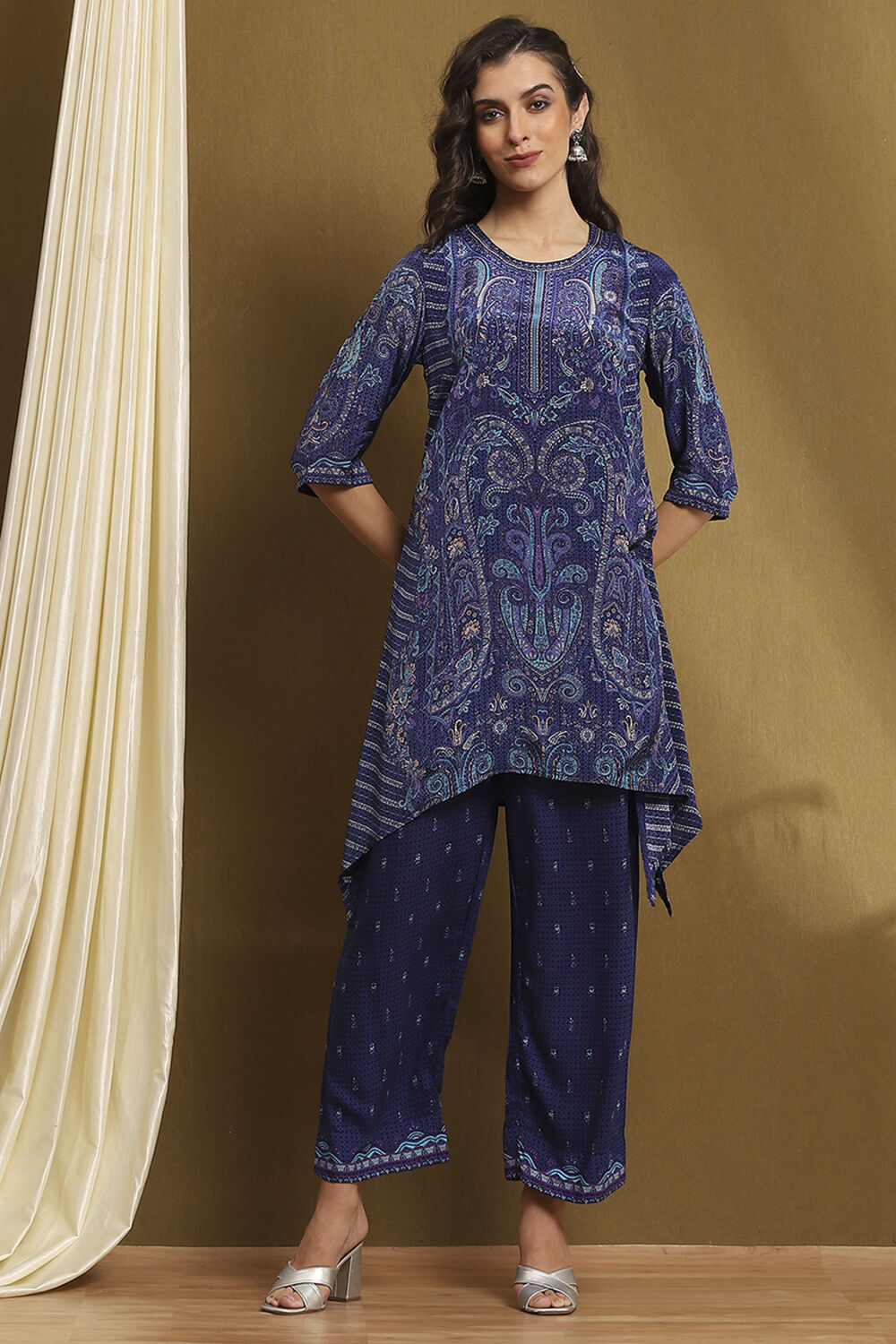 Blue Crepe Printed Asymmetric Kurta Set image number 0