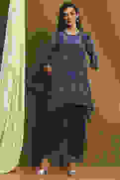 Blue Crepe Printed Asymmetric Kurta Set image number 0