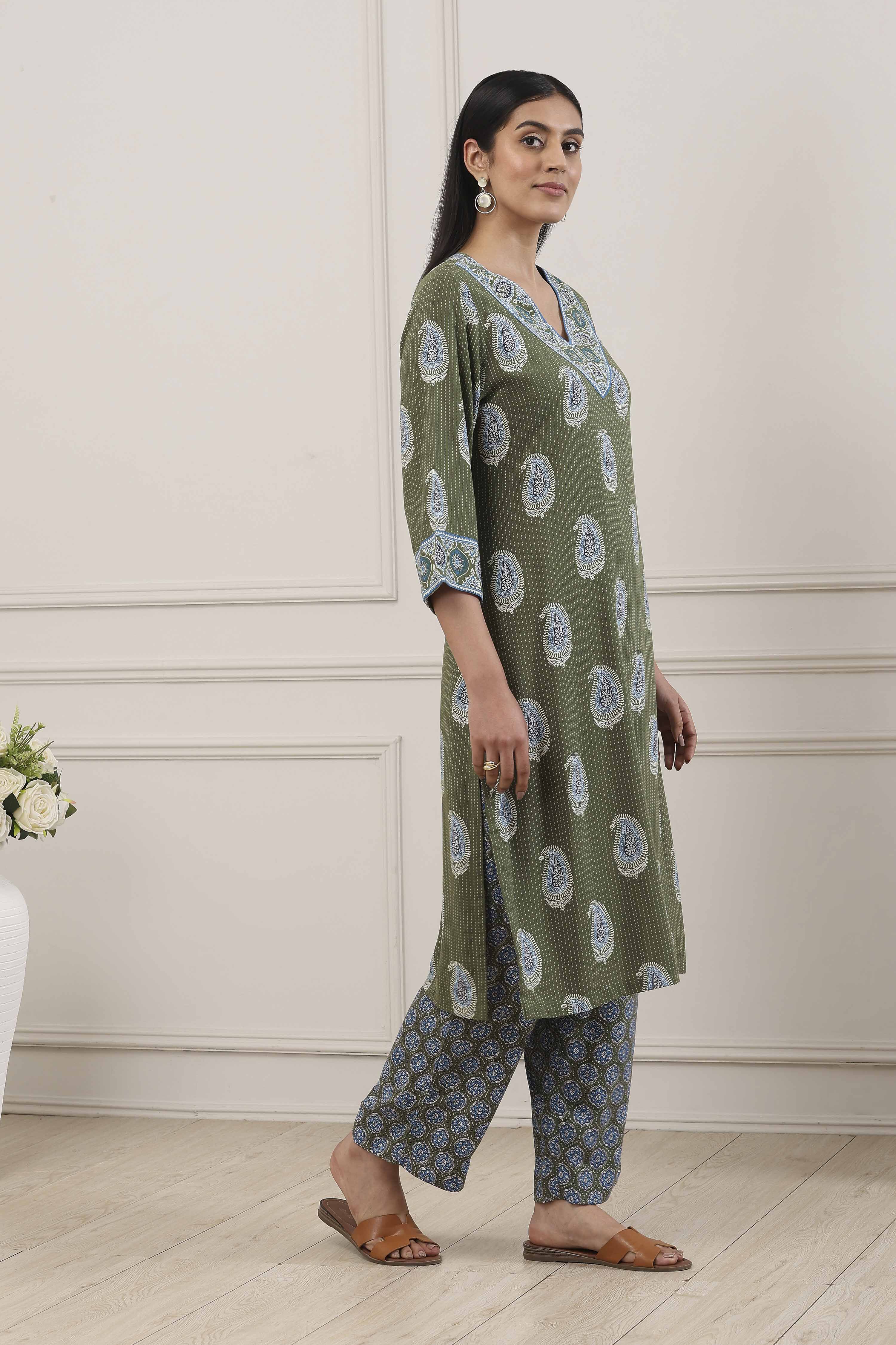 Green Viscose Rayon Straight Kurta Palazzo Set image number 5