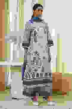 Off-White and Blue Cotton Straight Suit Set image number 5