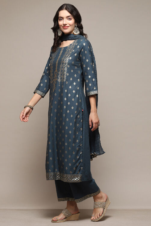 Blue Voile Relaxed Kurta Palazzo Suit Set image number 4