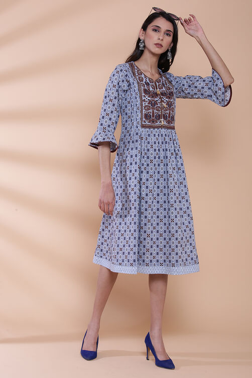 Blue Cotton A-line Printed Kurta image number 5