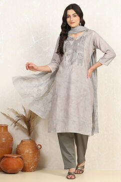 Gray Cotton Unstitched Suit Set image number 1