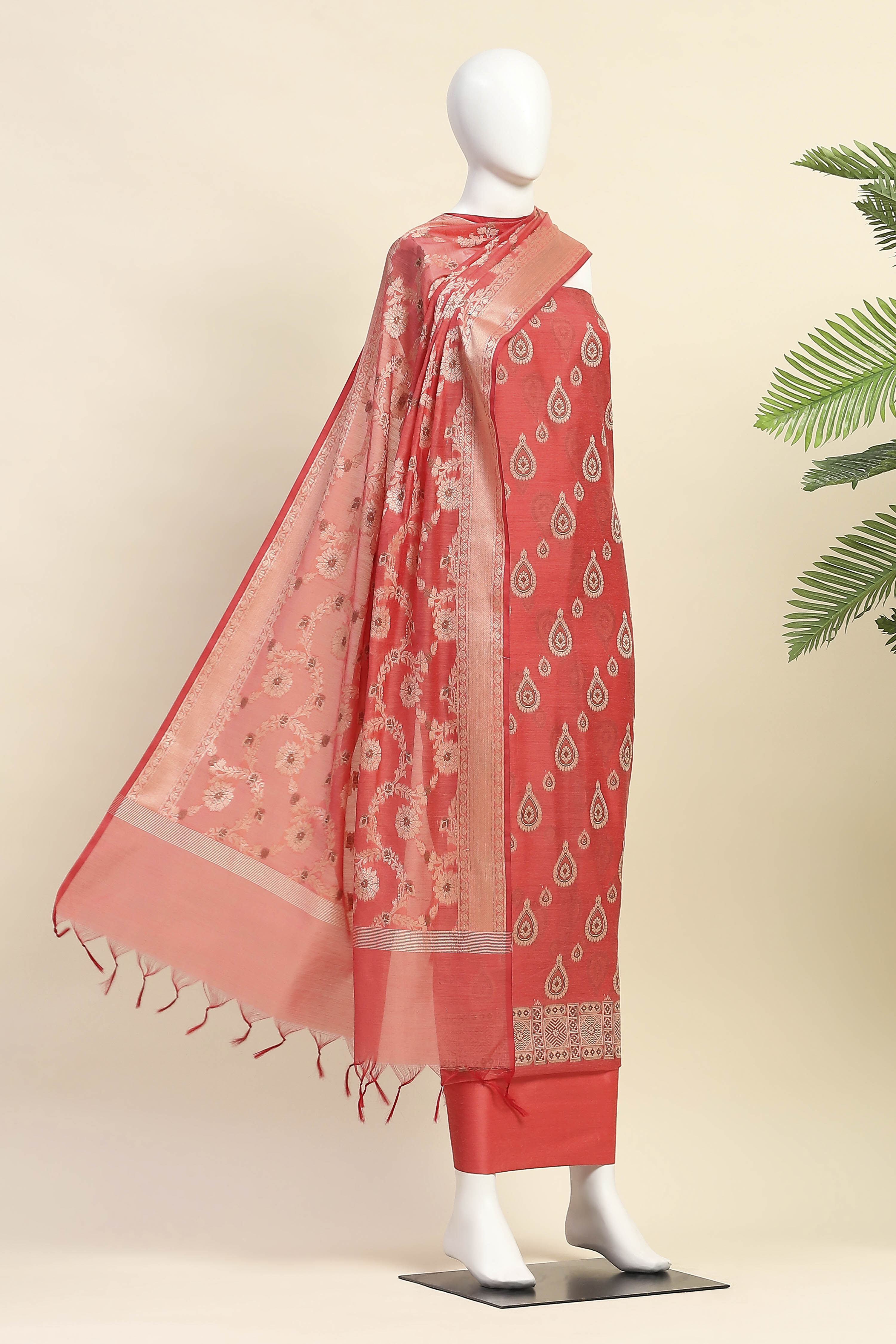 Red Chanderi  Unstitched Suit Set image number 4