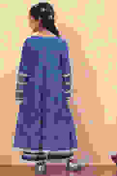 Blue Cotton Printed Flared Festive Tiered Suit Set image number 4