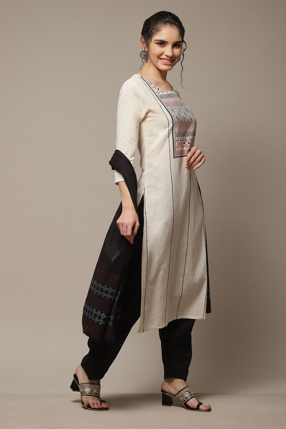 Black Flex Machine Embroidered Unstitched Suit Set image number 4