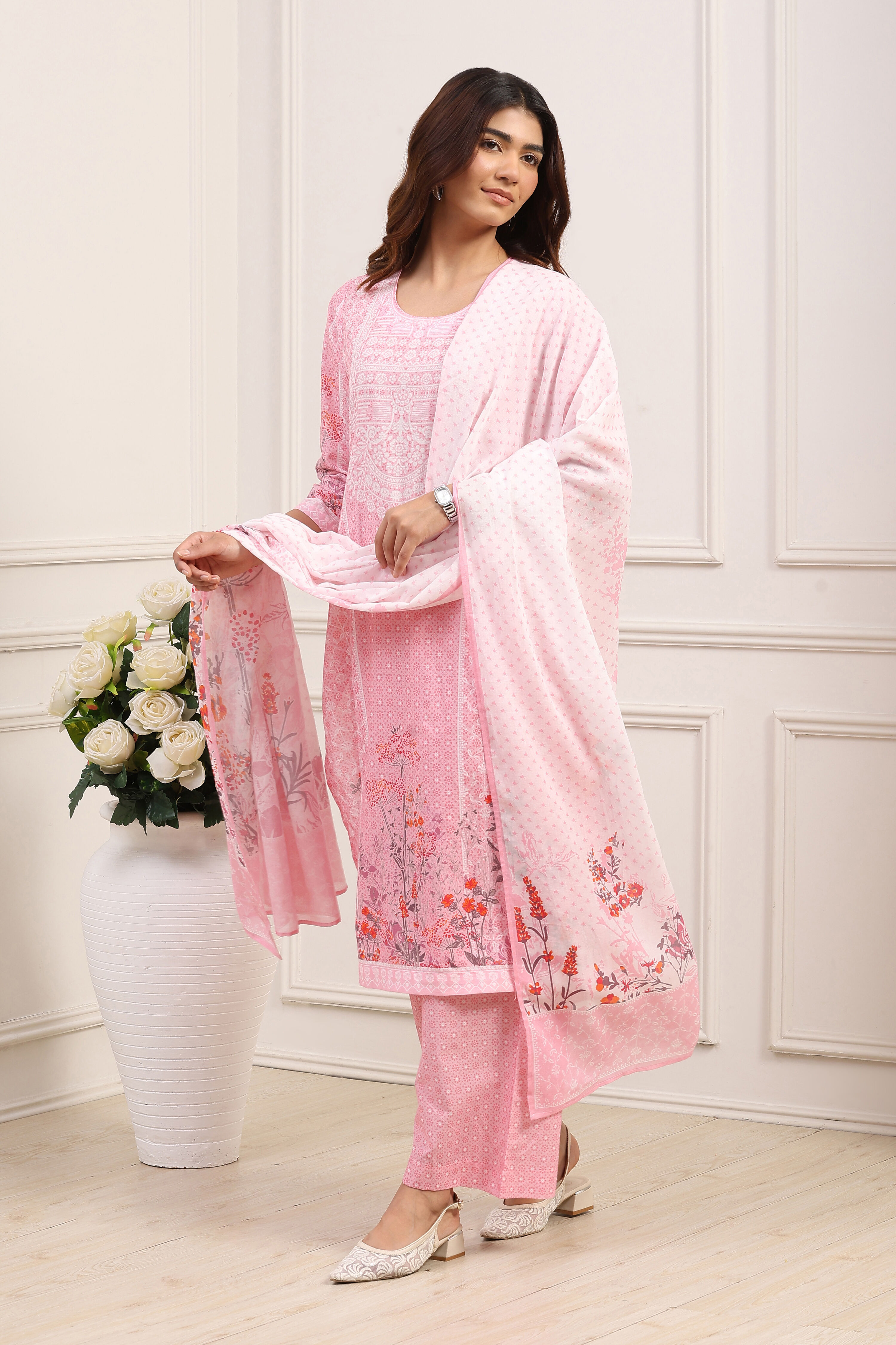 Pink Cotton Straight Kurta Palazzo Suit Set image number 3