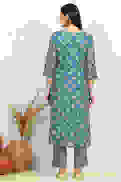 Teal Linen Digital Print Unstitched Suit Set image number 5