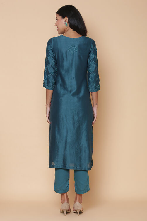 Teal Cotton Silk Straight Kurta Pant Suit Set image number 8
