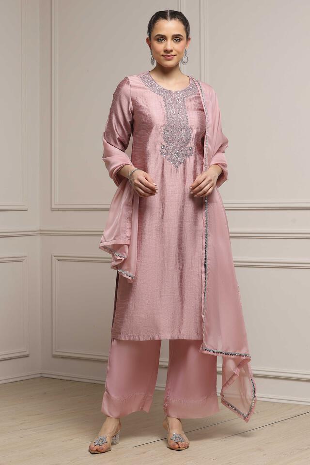 BIBA Old Rose Polyester Blend Straight Dyed Suit Set in Old Rose