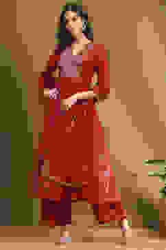 Red Cotton Printed Festive A-Line Suit Set image number 0