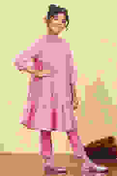 Light Pink Cotton Tiered Printed Kurta Churidar Set image number 5