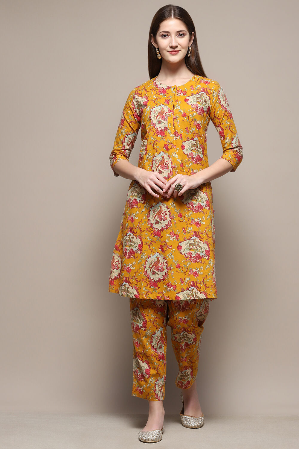 Mustard Cotton Straight Kurta Relaxed Pant Suit Set image number 6