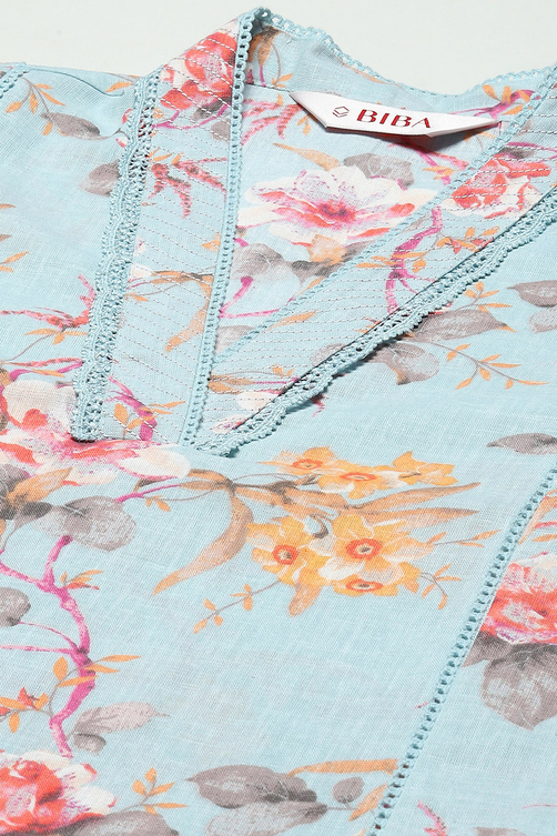 Turquoise Blue Floral Printed Straight Kurta image number 1
