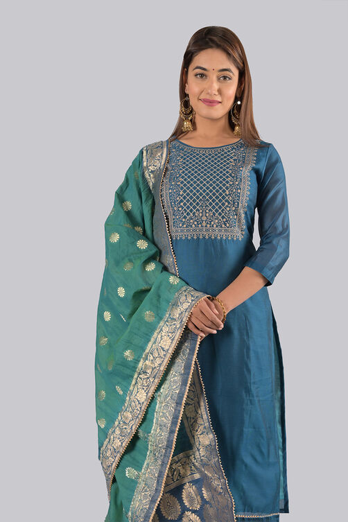 Blue Unstitched dress material Suit Set image number 1