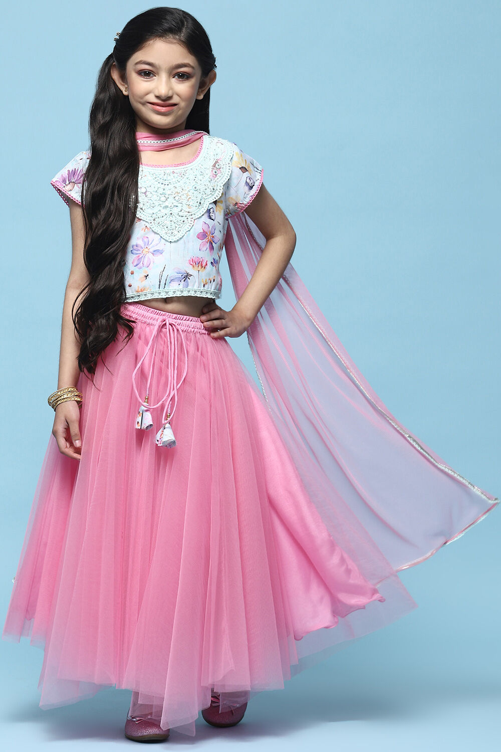 Pink Net Lehenga With Cotton Floral Blouse & Net Dupatta image number 0