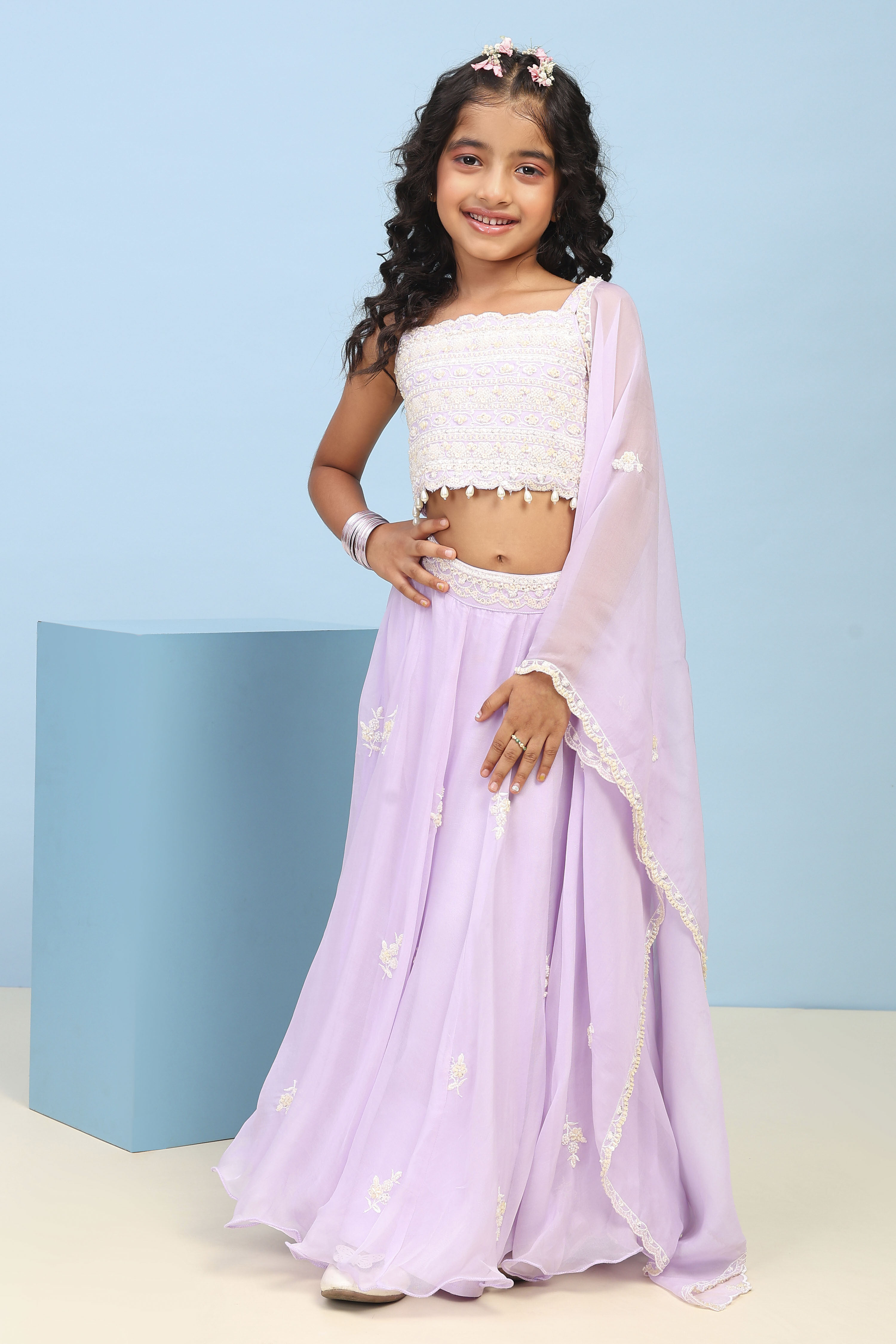 Lilac Viscose Rayon Embroidered Flared Lehenga Set image number 6