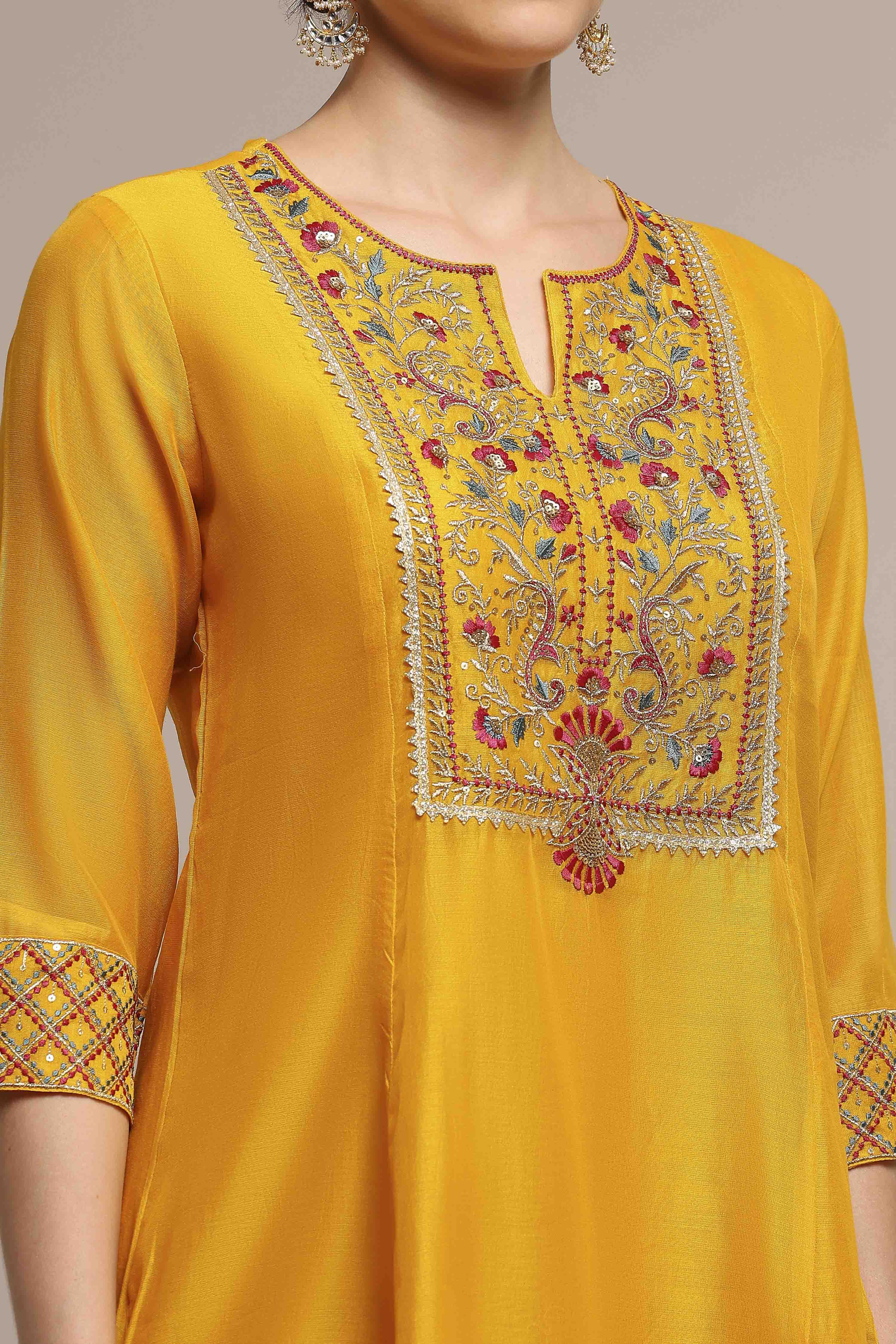 Yellow Viscose Rayon A-Line Solid Suit Set image number 1