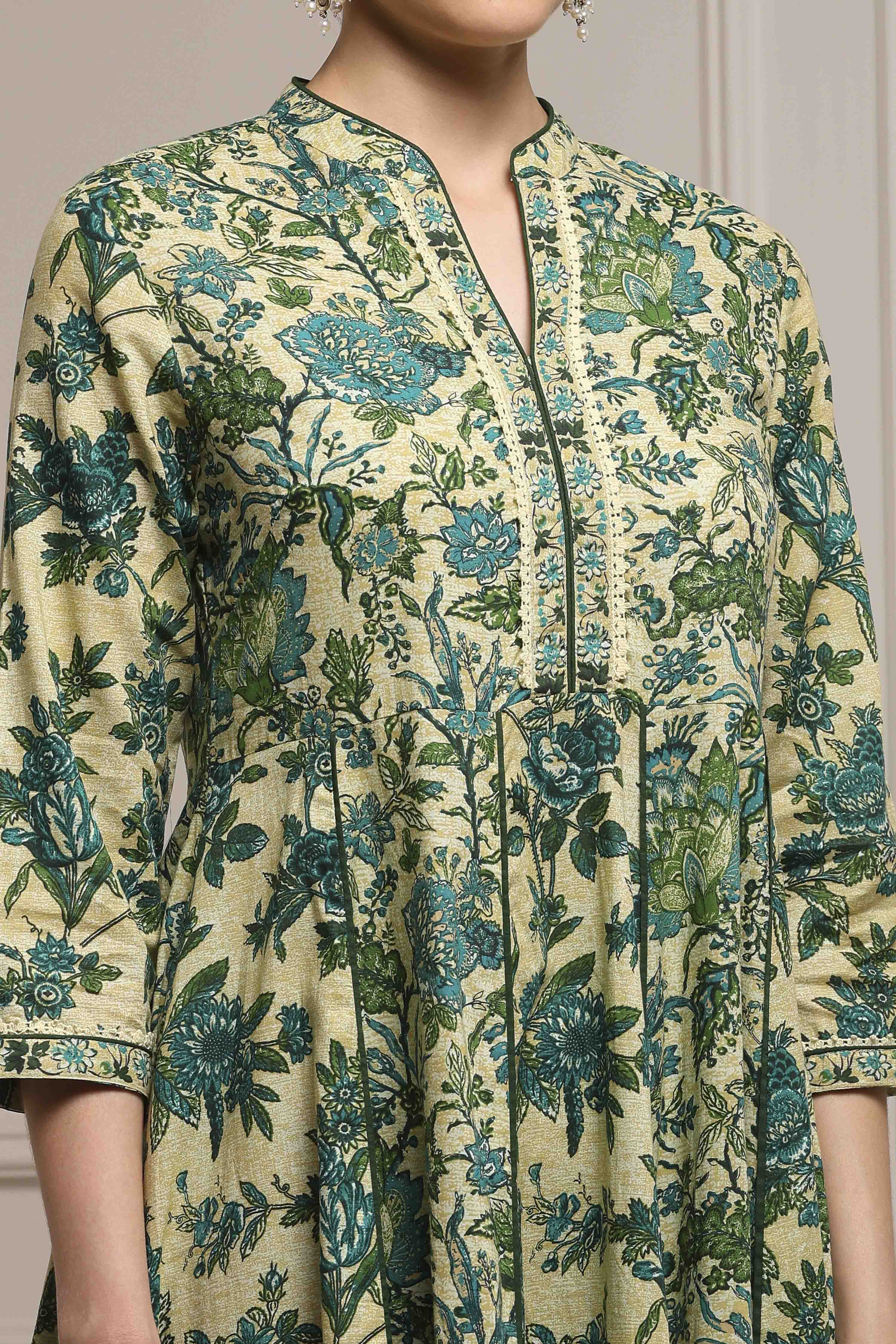 Beige and Green Cotton Printed Anarkali Suit Set image number 1