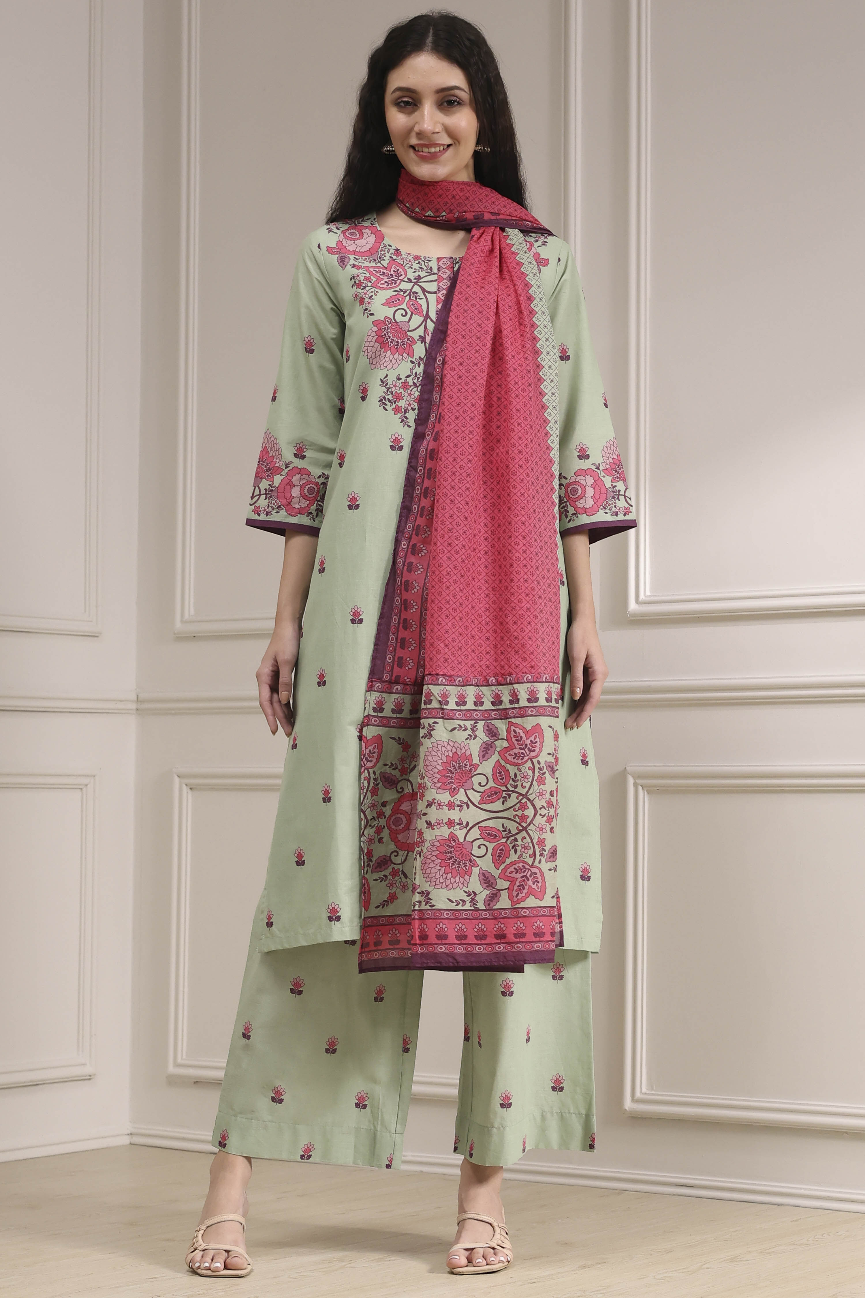 Sage Green Cotton Printed Straight Suit Set image number 0